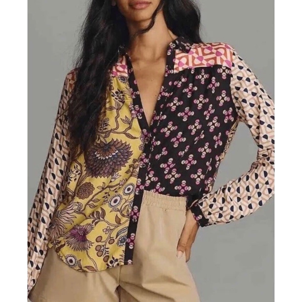 Maeve Anthropologie S Paz Button Down Blouse Top Shirt Yellow Mixed Print Floral